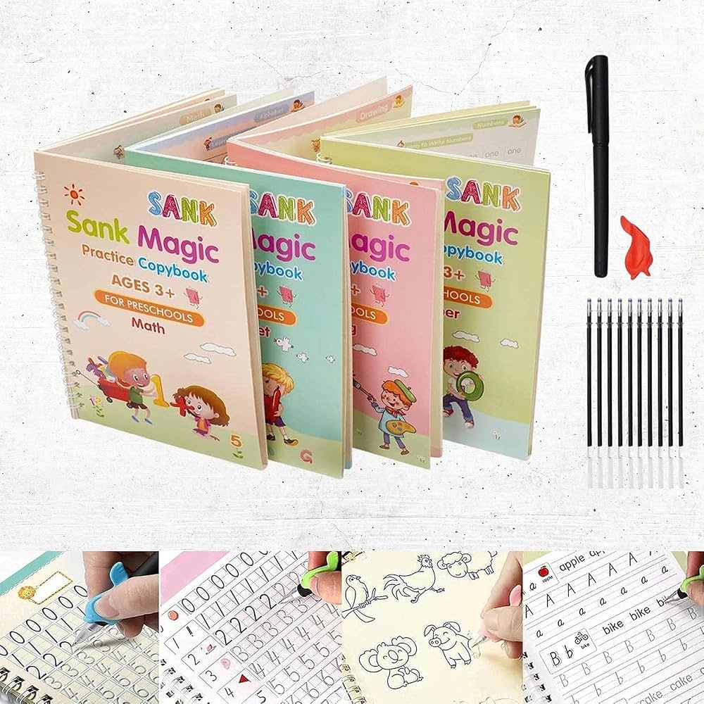 Sank Magic Writing Book Set for Kids – 4 Books + 10 Refills + Magic Pen & Grip